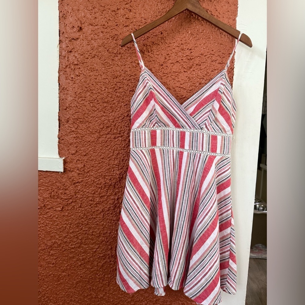 Blue Rain Striped Dress  Womens Small Linen Swing Sleeveless Lined Summer Small